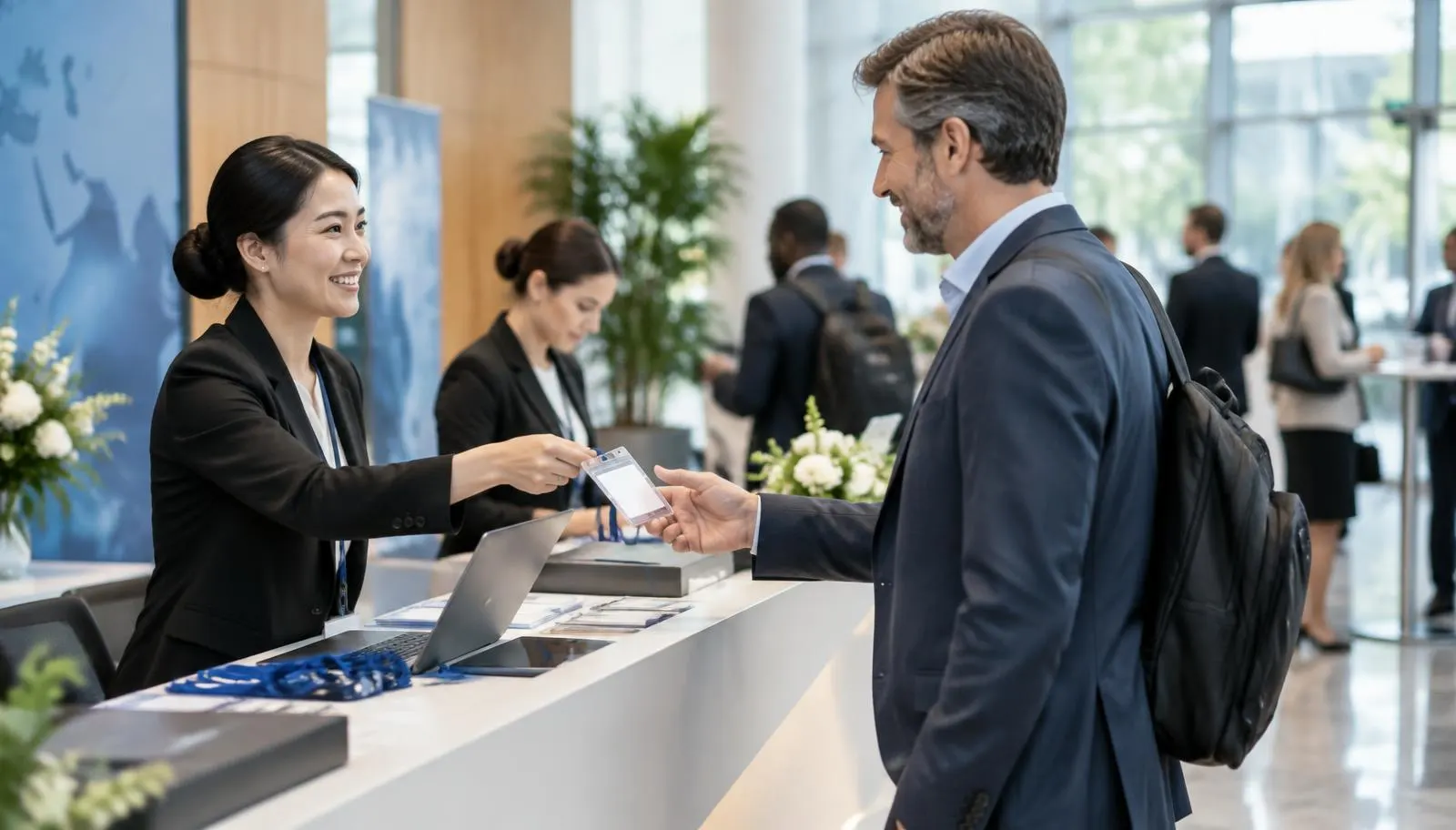 A bilingual host handing a badge to an international speaker at a conference desk