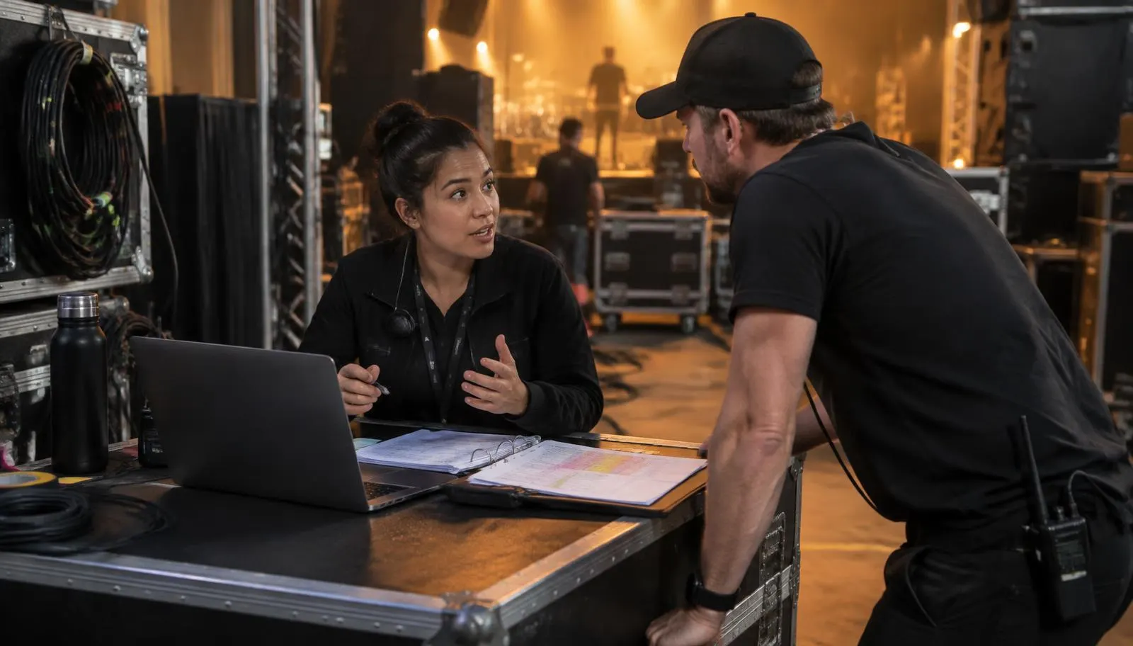 A bilingual crew liaison at a backstage production desk