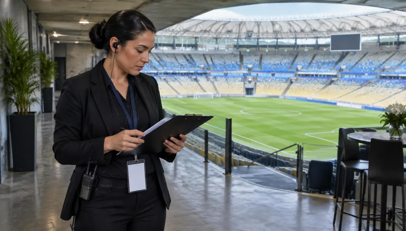 A credentialed event coordinator in a stadium hospitality area